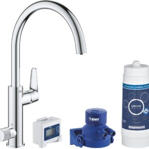 Baterie bucatarie Grohe Blue Pure BauCurve cu pipa C si sistem filtrare starter kit crom