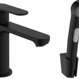 Baterie lavoar Hansgrohe Rebris S 110 EcoSmart cu dus tip bideu pentru igiena intima fara ventil negru mat
