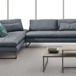 Canapea de colt Gamma Sunset 263x321cm piele Piuma Blue-Grey Avio 1 perna piele si 2 textil incluse baza metalica Dark Chrome - Titanio HandMade in Italy