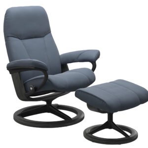 Fotoliu recliner cu taburet Stressless Consul Signature M cadru Black-Grey tapiterie piele Paloma Sparrow Blue
