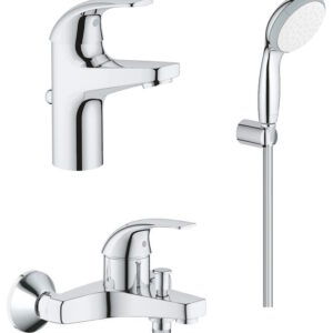 Set baterii Grohe Start Curve cu baterie lavoar baterie cada si set de dus cu agatatoare crom