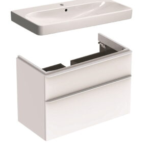 Set mobilier Geberit Smyle lavoar 90cm si dulap cu doua sertare alb lucios