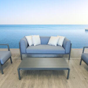 Set mobilier exterior Point Origin cu canapea cu 2 locuri 2 fotolii si masuta de cafea cadru gri aluminiu