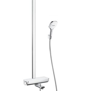 Showerpipe Hansgrohe Raindance Select E 360 cu baterie cada Ecostat Select finisaj alb/crom